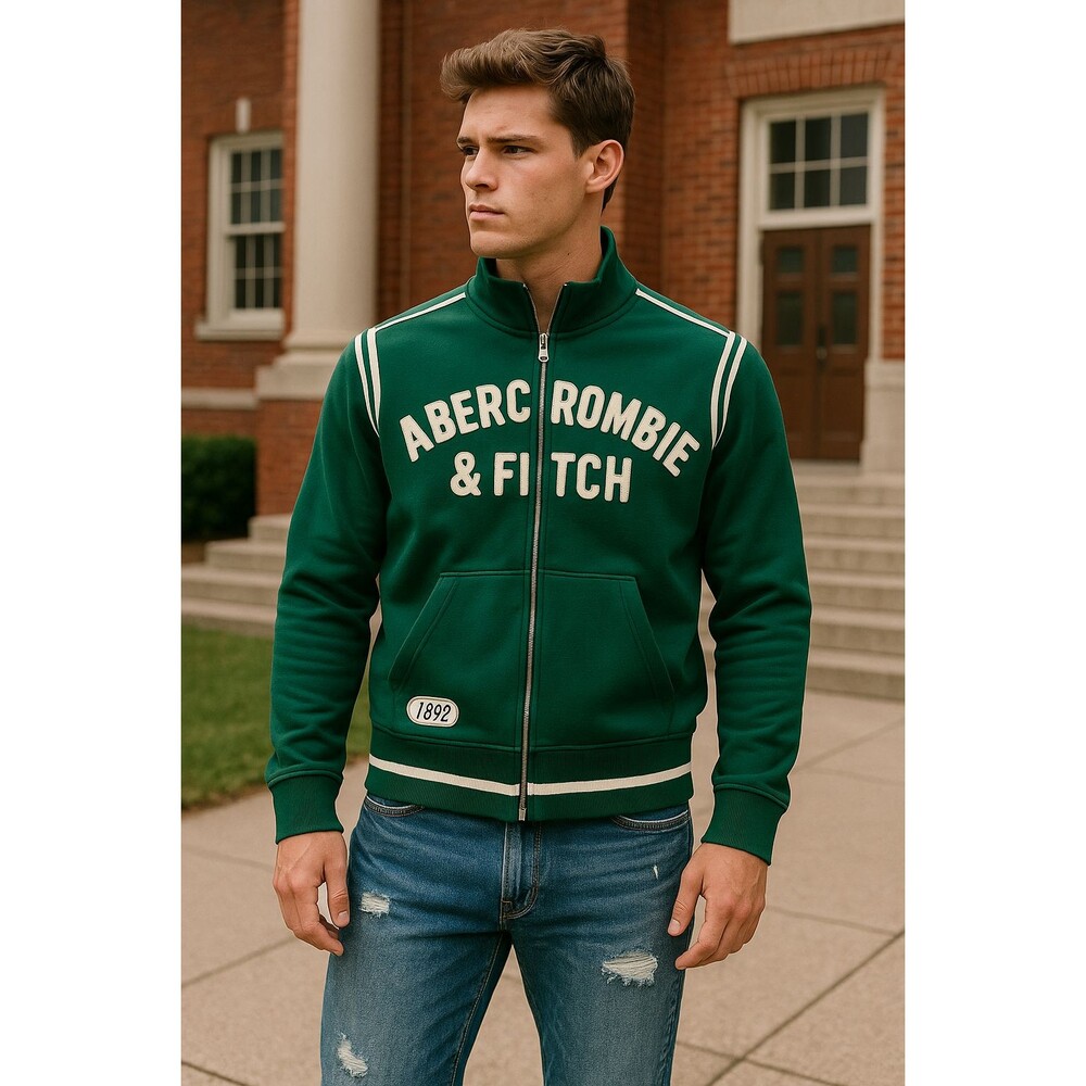 Abercrombie & Fitch Men’s XL Green Track Jacket Heavyweight Zip-Up Embroidered